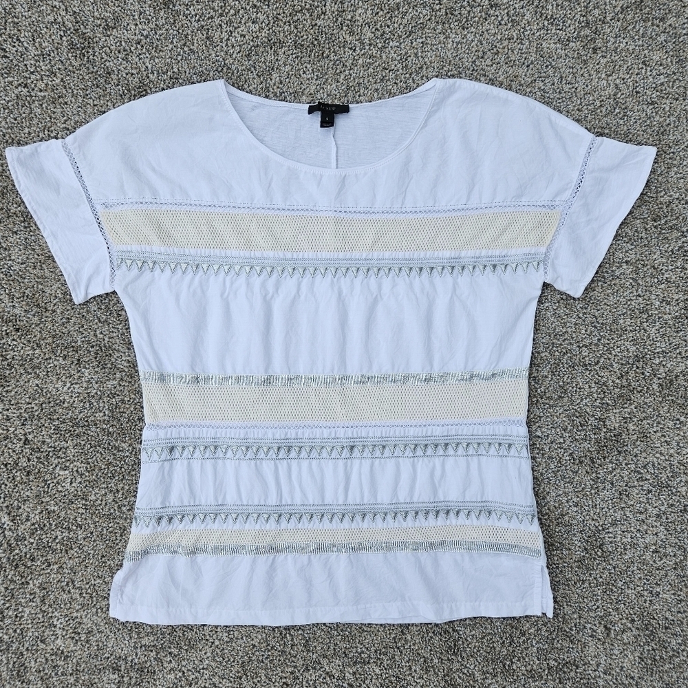 J Crew White and Silver Embroidered Mosaic Flutter Sleeve Blouse Womens Small